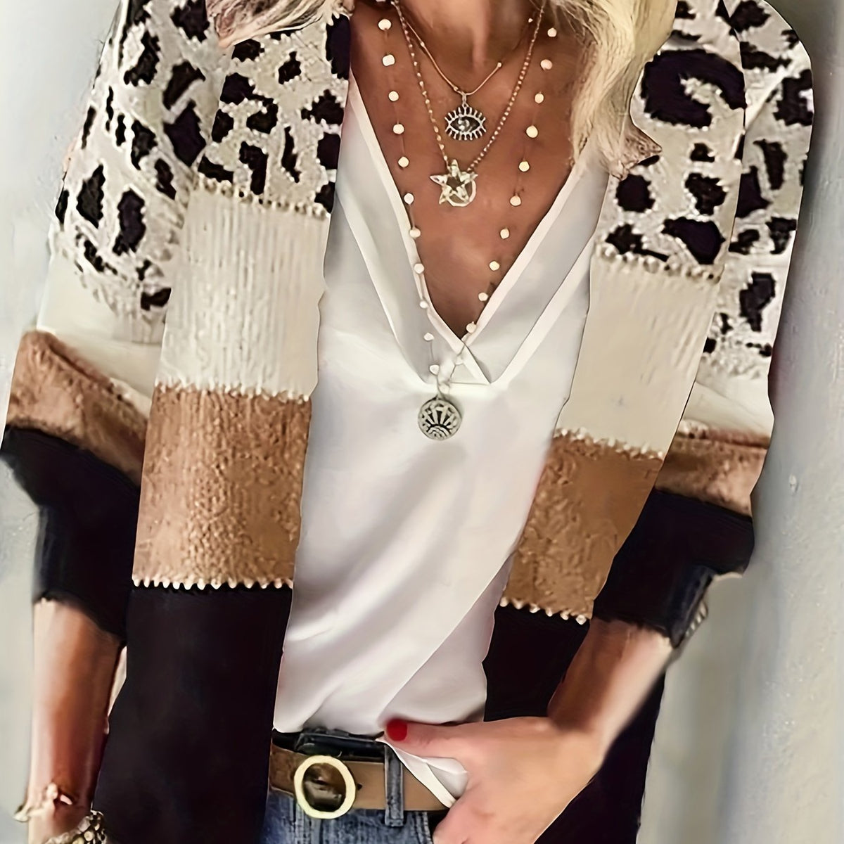  Colorblock Cow Print Long Sleeve Cardigan