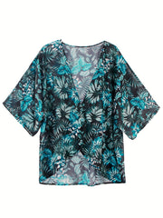  Tropical Print Short Sleeve Open Front Cardigan