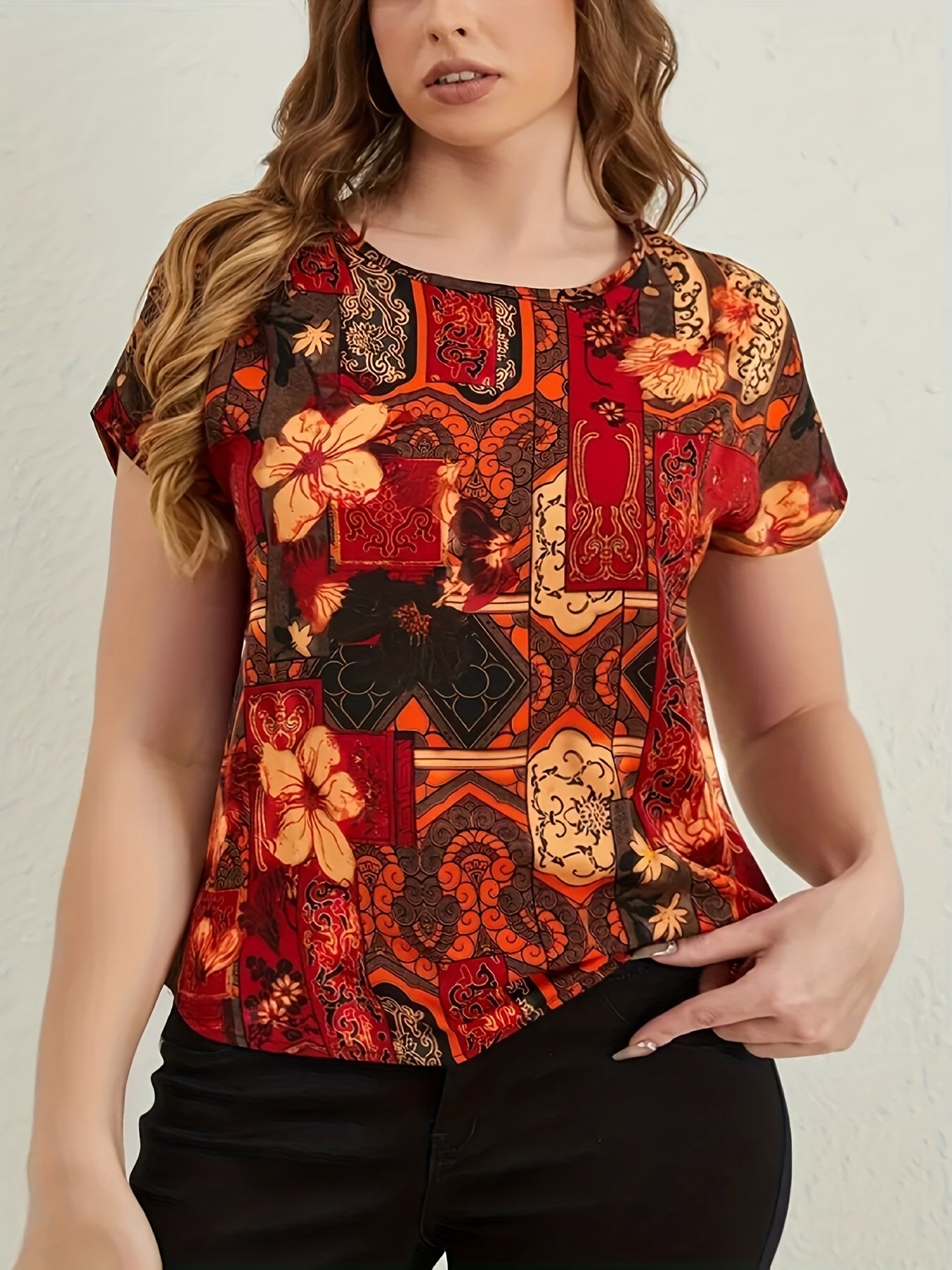  Boho Blouse Women's Plus Floral Print Short Sleeve Round Neck T