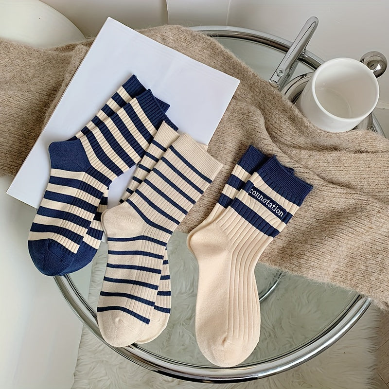 3 Pairs Striped Crew Socks Comfy & Breathable Mid Tube Socks