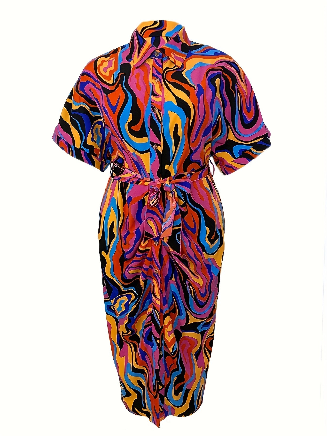  Abstract Print Polo Neck Shirt Dress With Pockets