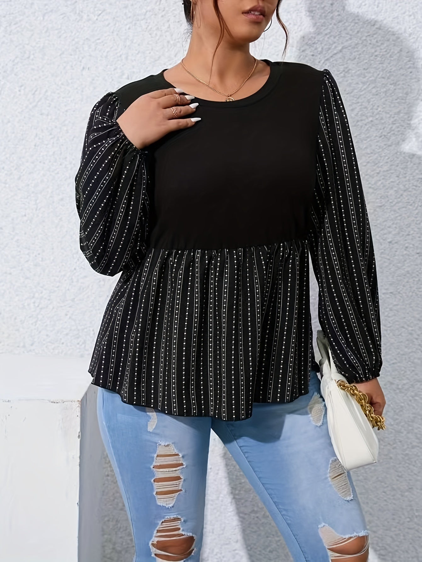  Colorblock Stripe & Dot Print Lantern Sleeve Peplum Shirt