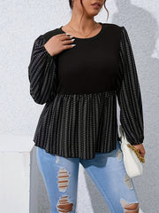  Colorblock Stripe & Dot Print Lantern Sleeve Peplum Shirt