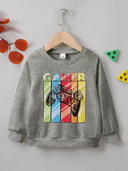 Vintage Gamepad Print Boys Casual Pullover Sweatshirt