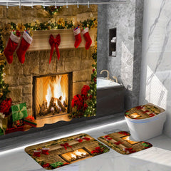 Festive Christmas Fireplace Shower Curtain Set - Christmas Decorations