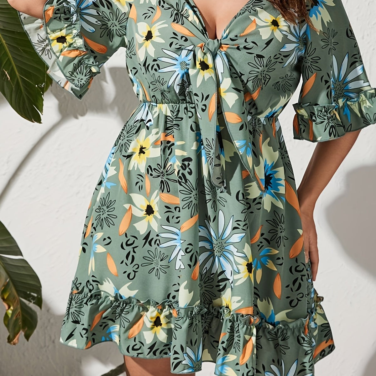  Floral Print Ruffle Trim V Neck Dress