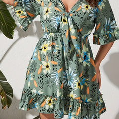  Floral Print Ruffle Trim V Neck Dress