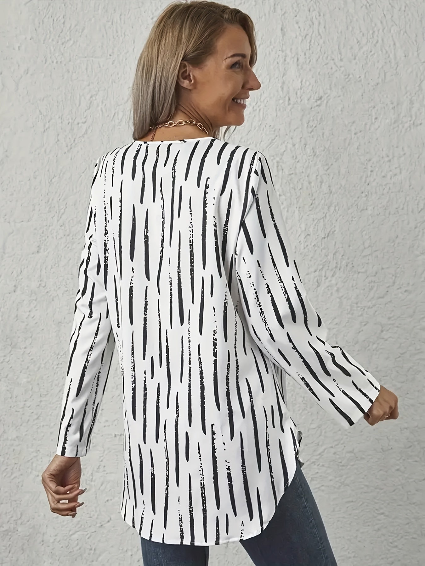  Stripe Print Long Sleeve V Neck Button Up Shirt