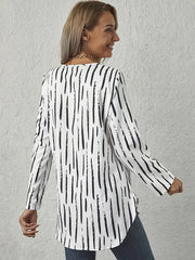  Stripe Print Long Sleeve V Neck Button Up Shirt