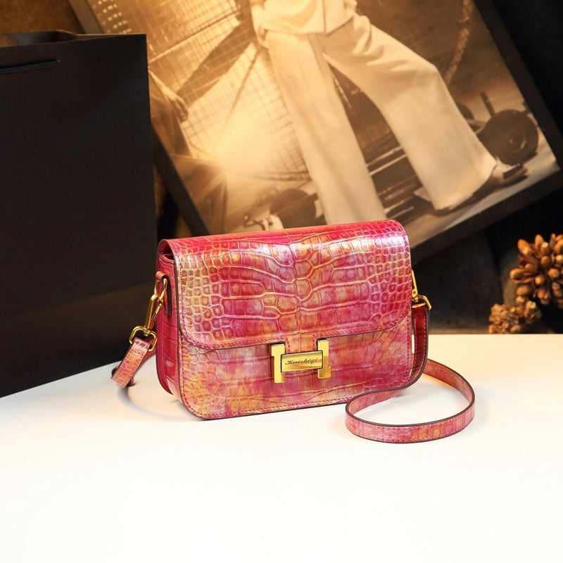 Retro Crocodile Handbag with Metal Buckle & Wrist Strap Cream Red Yellow Purple