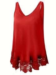  Tank Top Solid Contrast Lace Trim V Neck Stretch Tank Top
