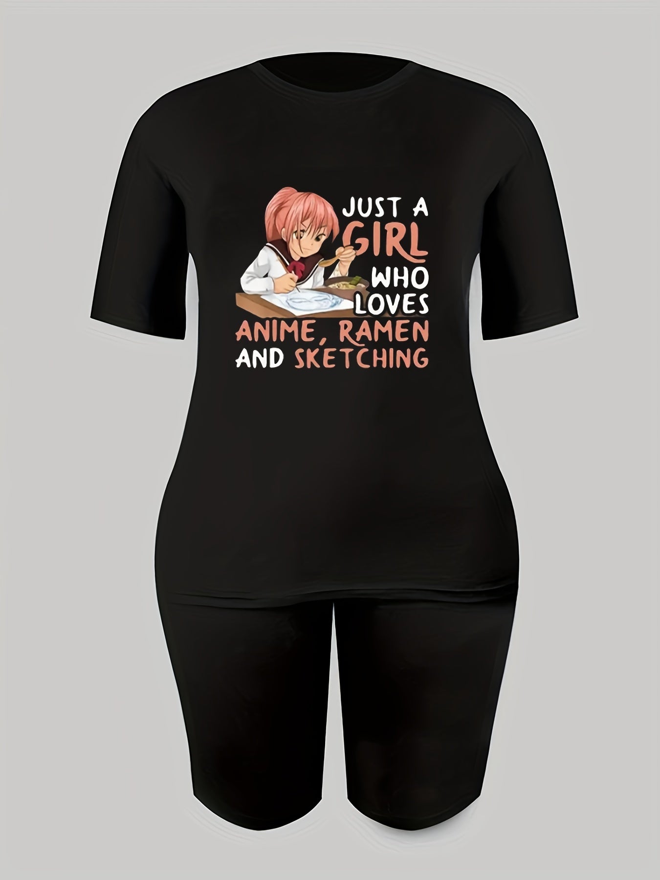 2pcs Anime Graphic Crew Neck Short Sleeve T shirts & Solid Shorts Set