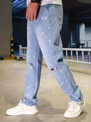 Splatter Pattern Ripped Jeans Men's Casual Street Style Denim Pants
