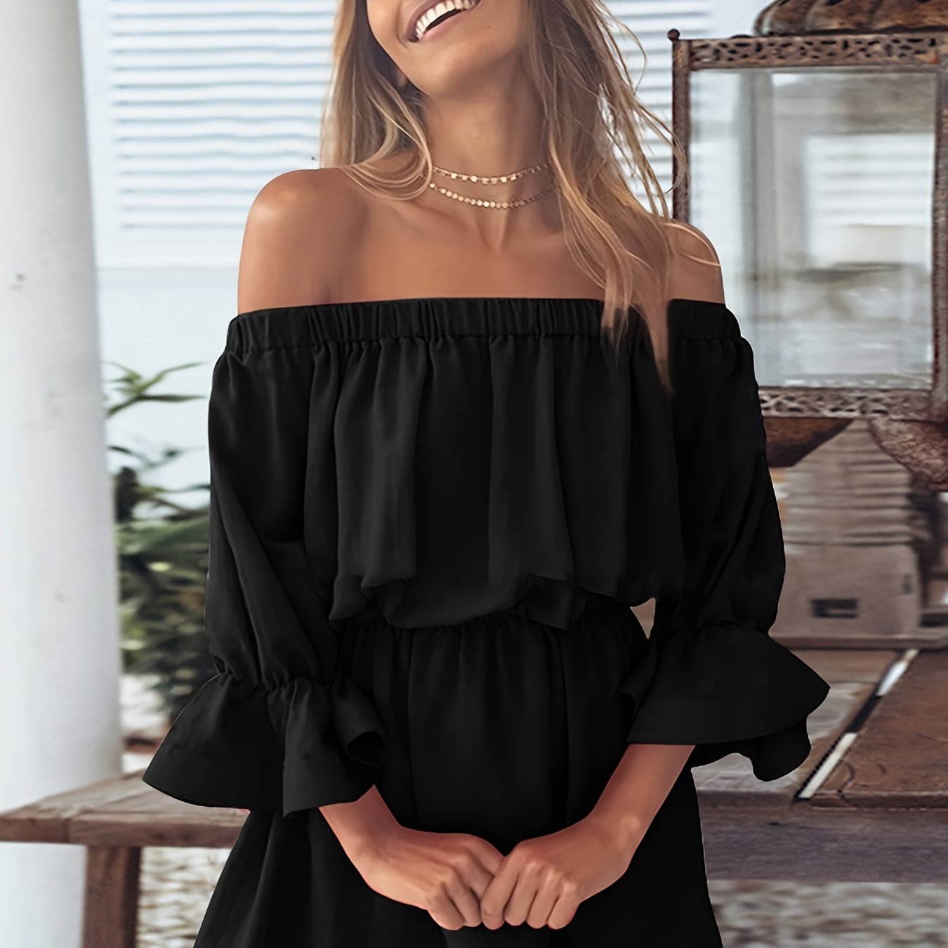 Off Shoulder Lantern Sleeve Dress Casual Summer Pleated Mini Dress