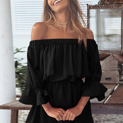 Off Shoulder Lantern Sleeve Dress Casual Summer Pleated Mini Dress