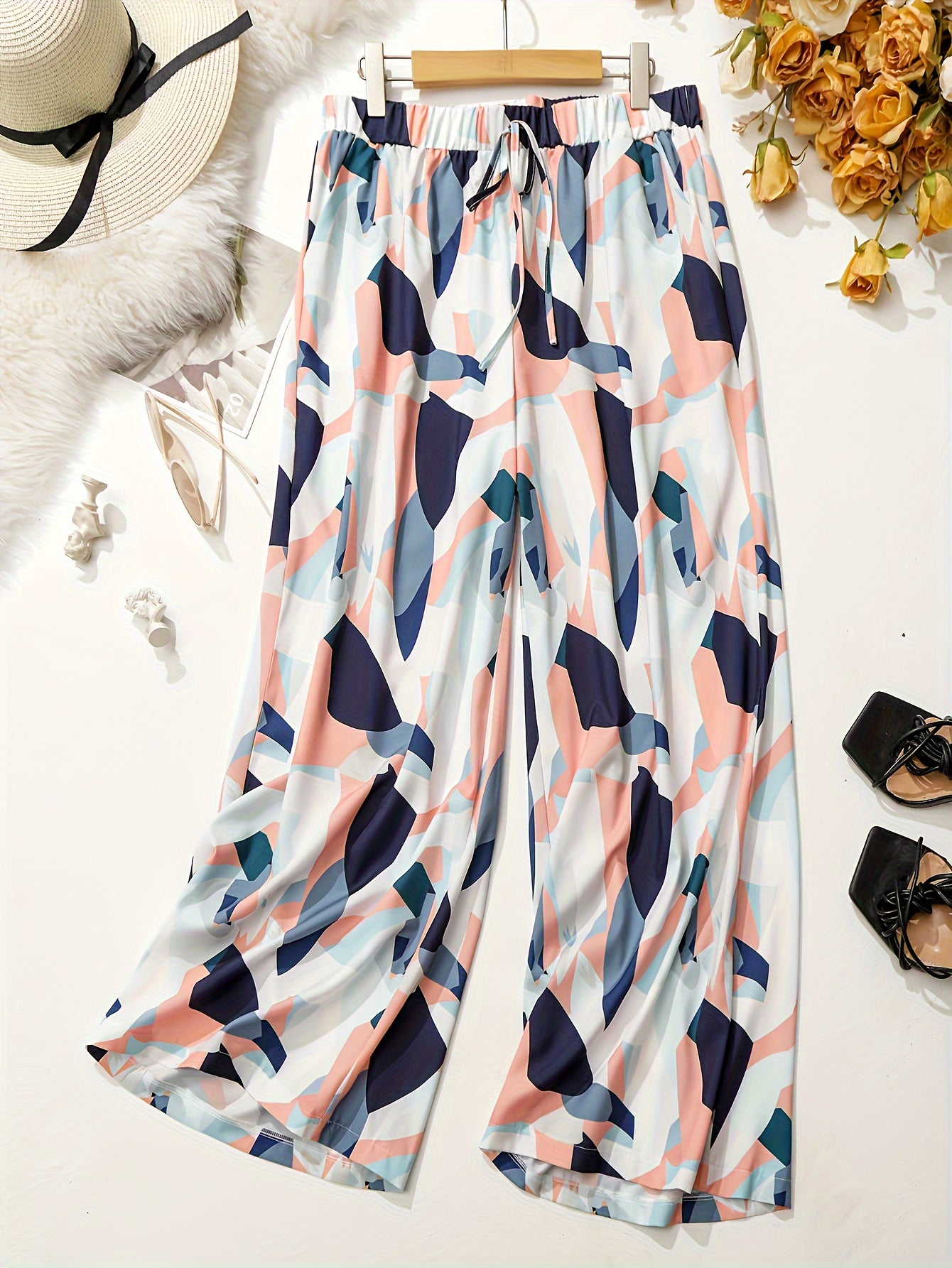  Colorblock Print Wide Leg Trousers