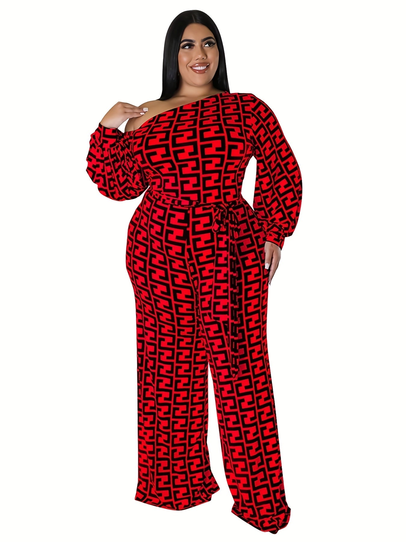  Geometric Print One Shoulder Jumpsuit With Belt