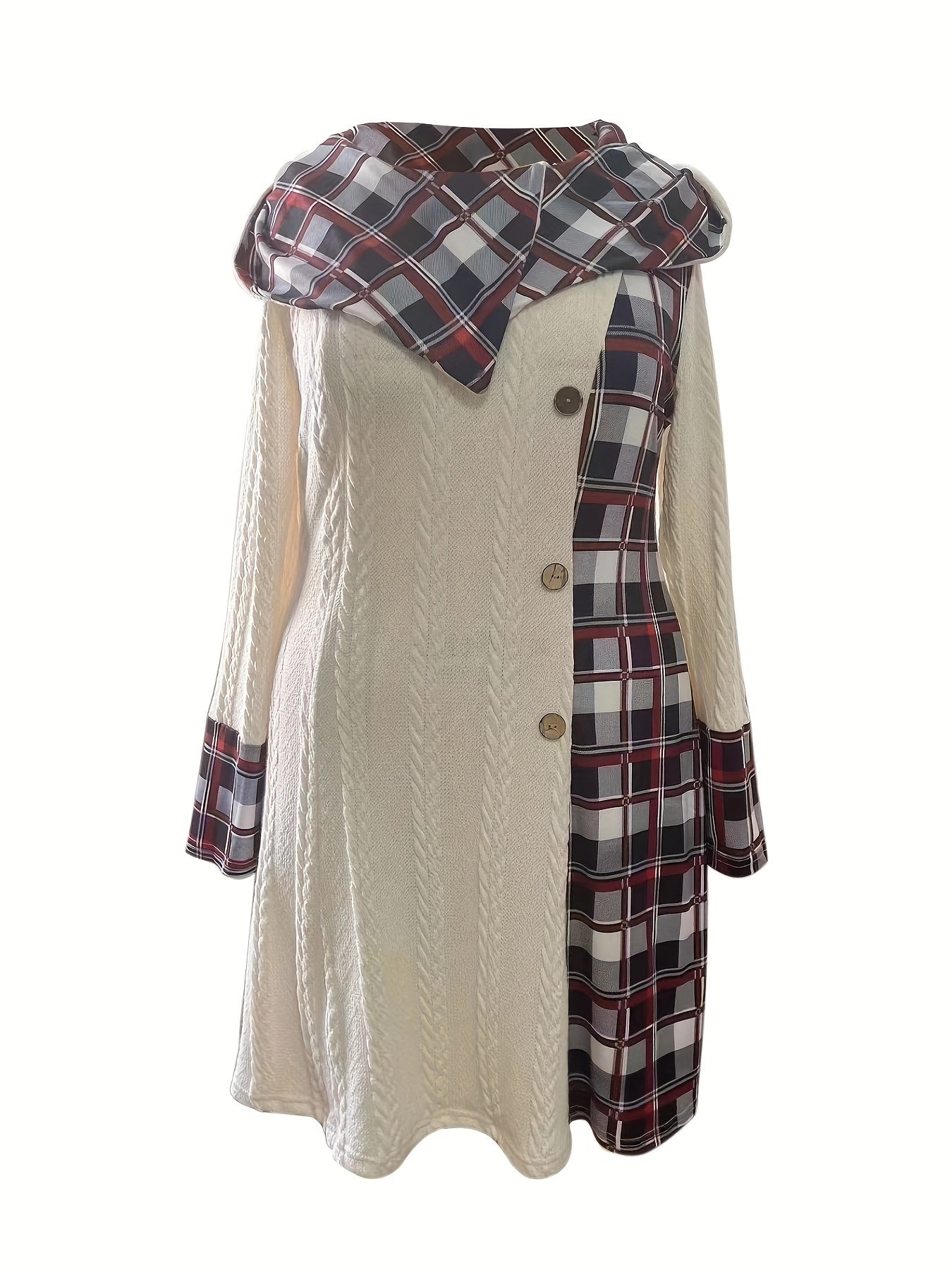  Colorblock Plaid Print Jacquard Hooded Dress