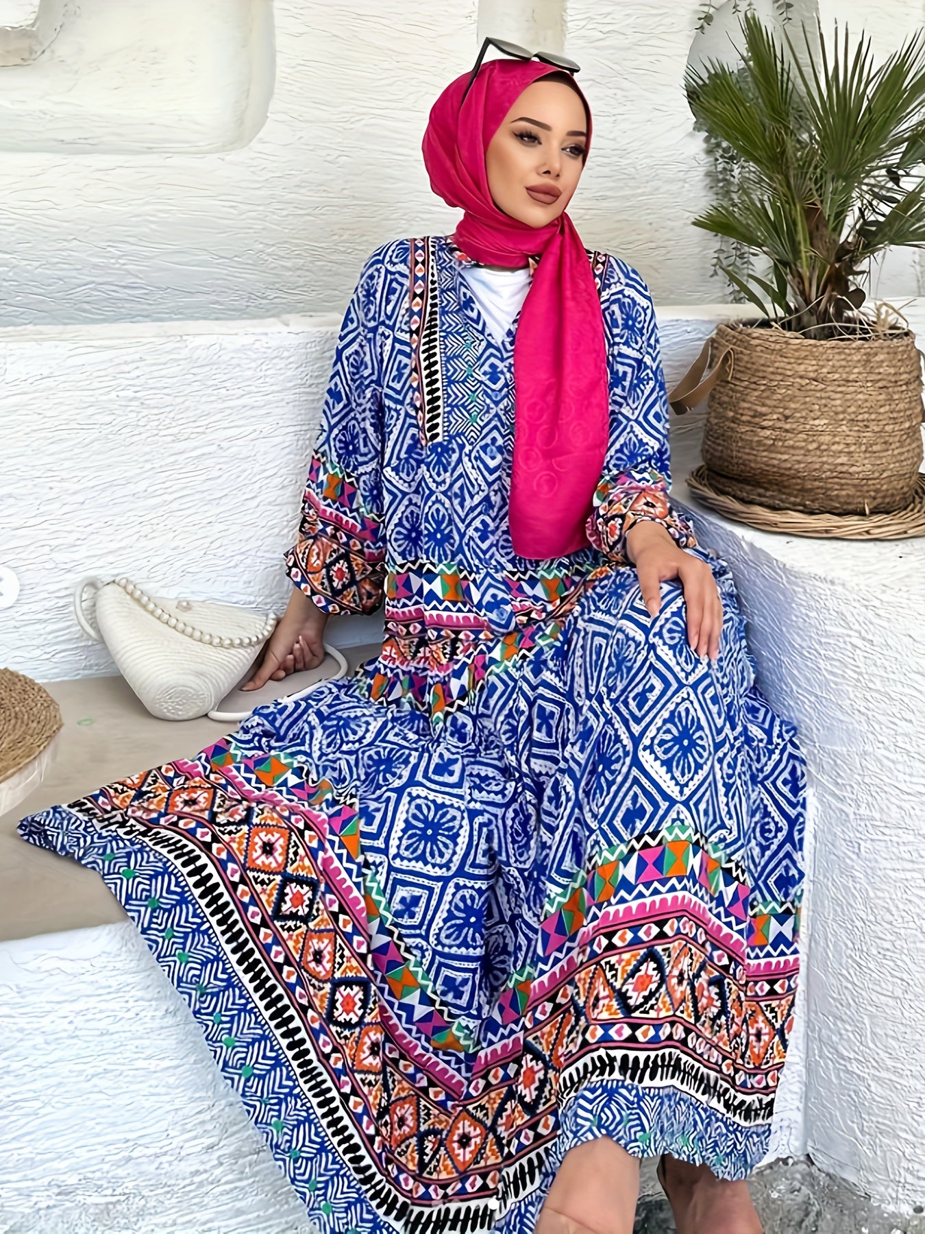  Colorblock Geometric Print Lantern Sleeve Maxi Dress
