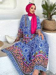  Colorblock Geometric Print Lantern Sleeve Maxi Dress