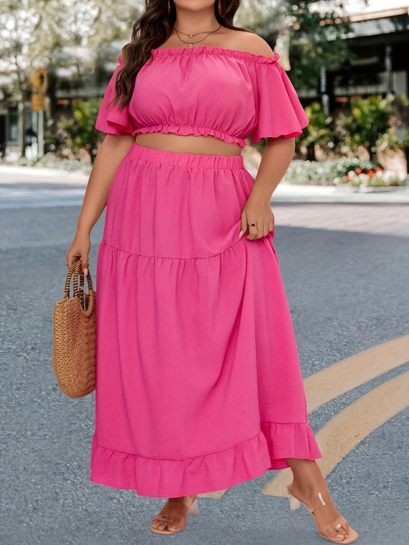  Women's Off Shoulder Crop Top & Maxi Skirt Two Piece Set