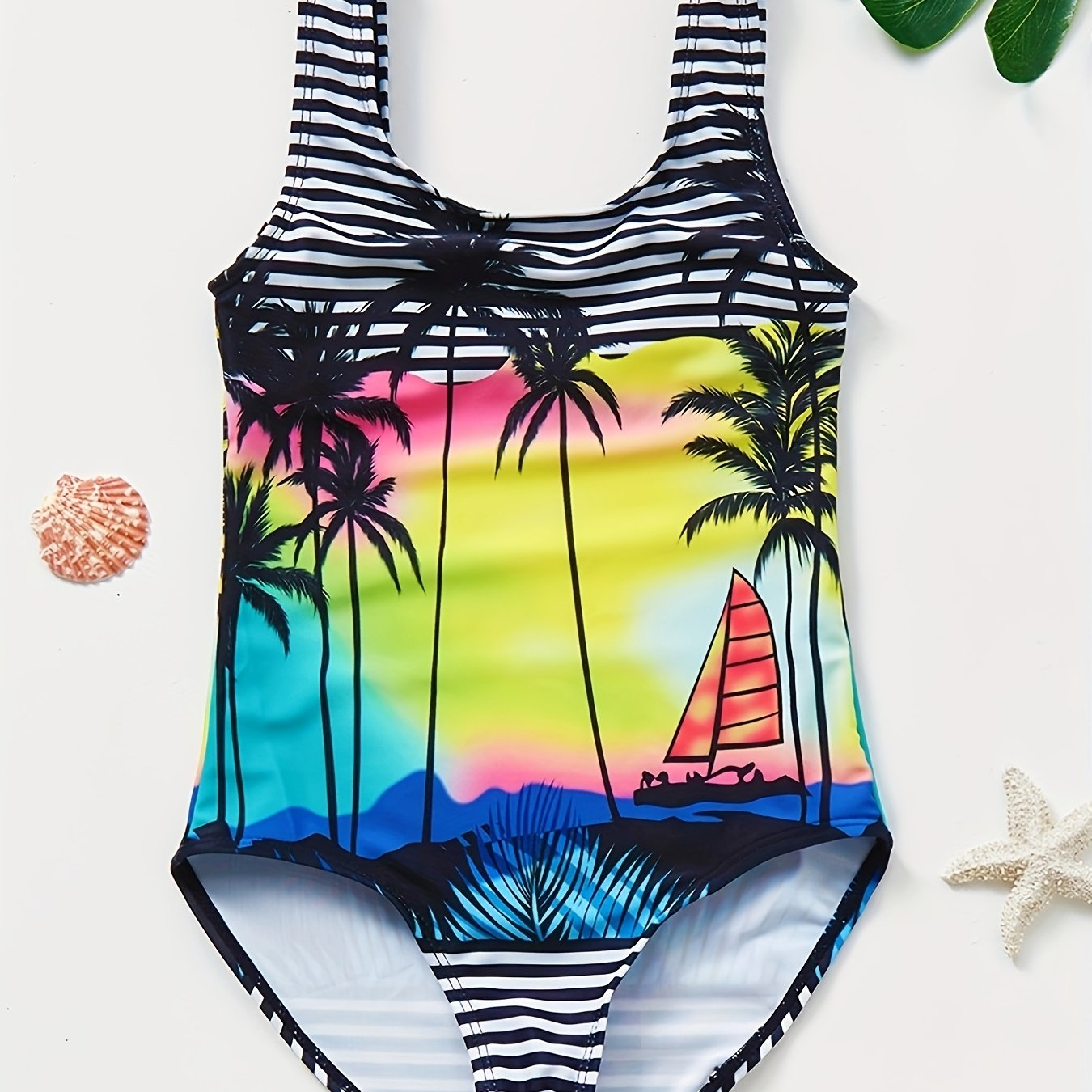 Toddler Girls Striped Coconut Tree Sleeveless Swimsuit