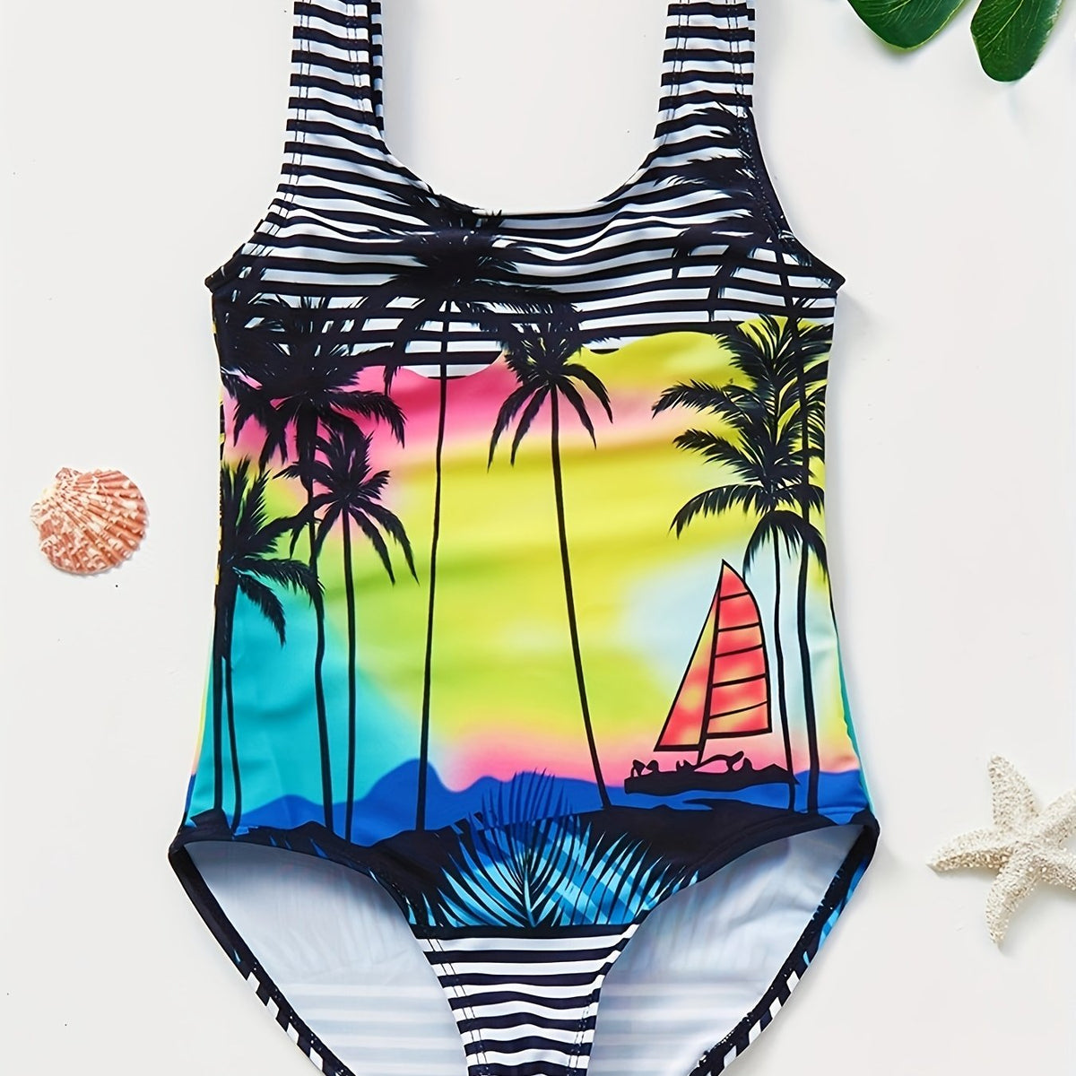 Toddler Girls Striped Coconut Tree Sleeveless Swimsuit
