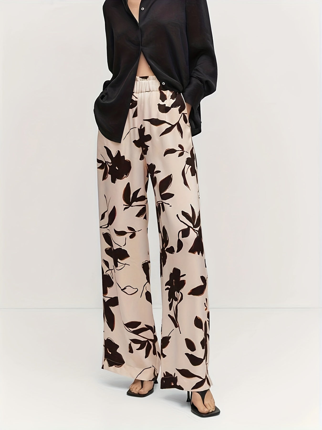  Floral Print Wide Leg Trousers With Pockets