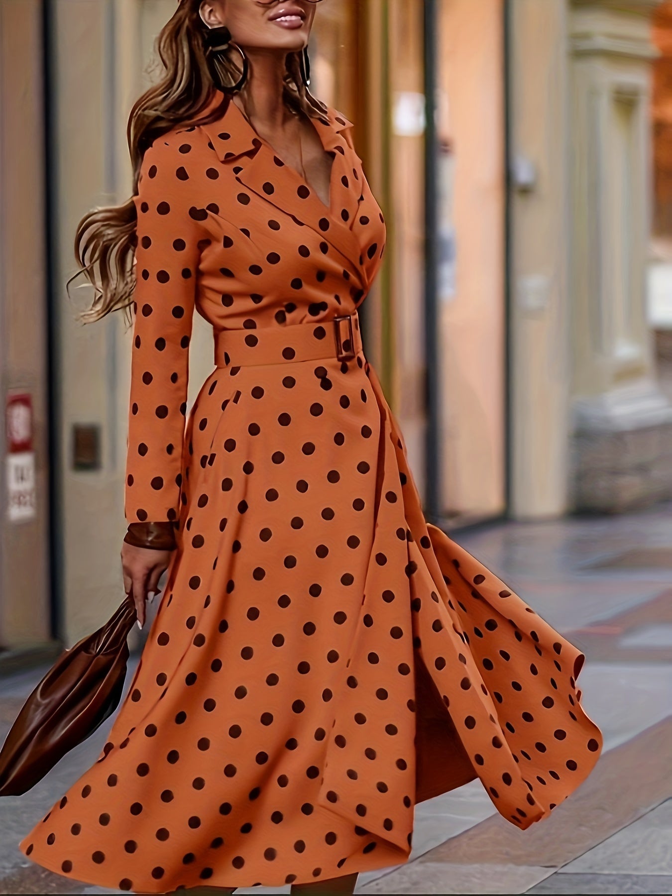  Polka Dot Print Long Sleeve Lapel Collar Dress