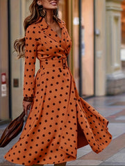  Polka Dot Print Long Sleeve Lapel Collar Dress