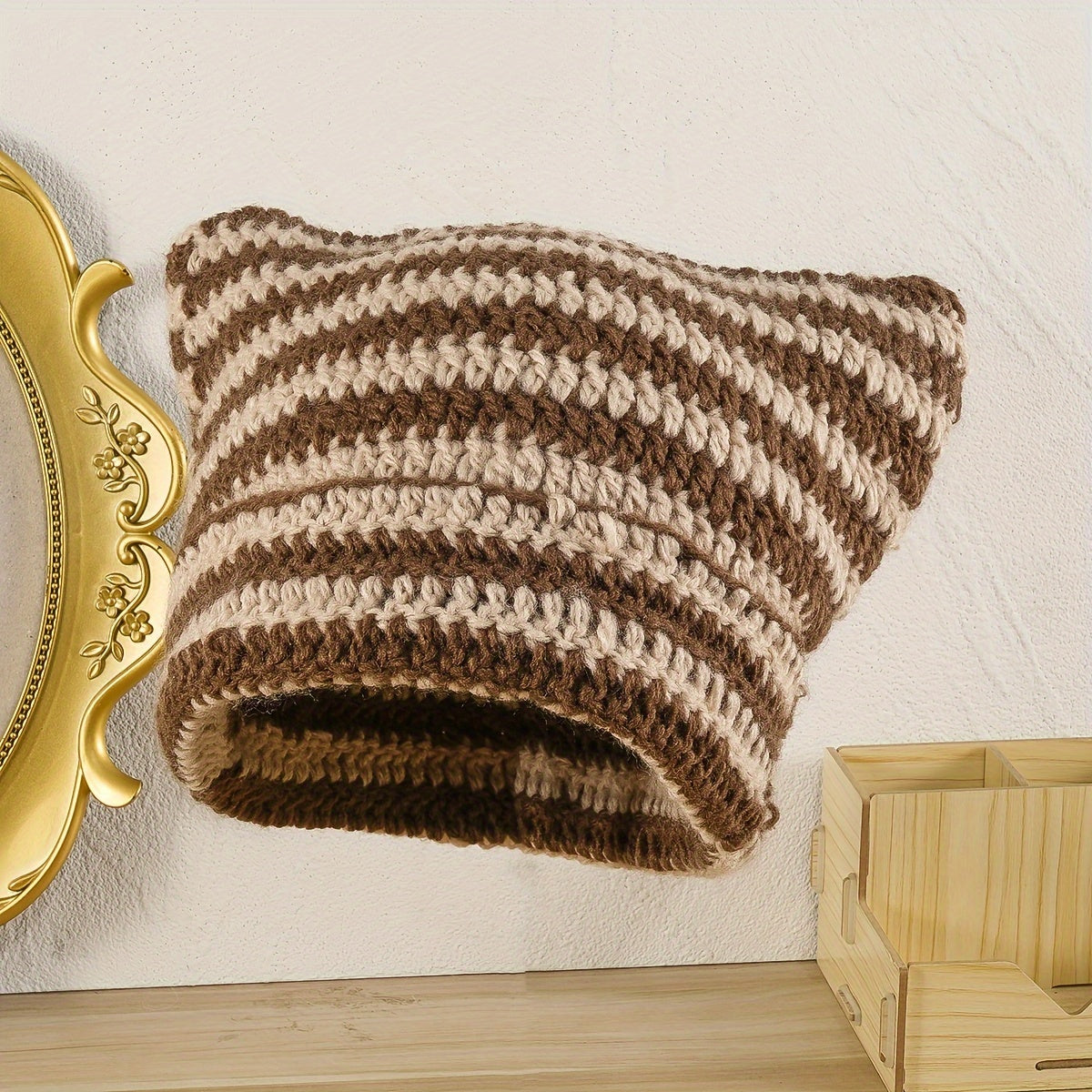 Striped Knitted Beanie Hat Cat Ears Pullover Hat For Men And Women