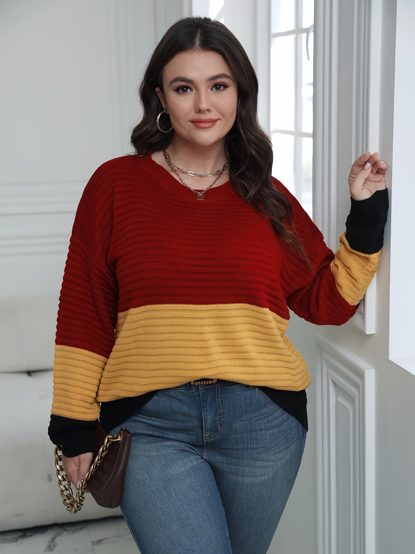  Colorblock Round Neck Sweater Women Long Sleeve Casual Jumper