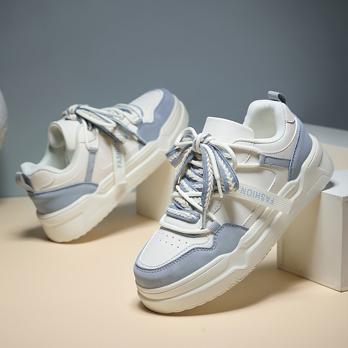Women's Block Faux Leather Chunky Sneakers for Outdoor Sports