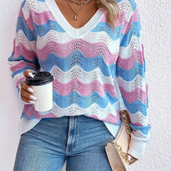  Wavy Stripe Print Long Sleeve V Neck Sweater