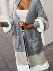Women's Plus Colorblock Chunky Lantern Sleeve Open Front Longline Knit Cardigan