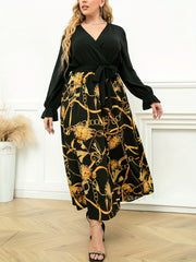 Chain Print Ruffled Surplice Neck Dress With Belt