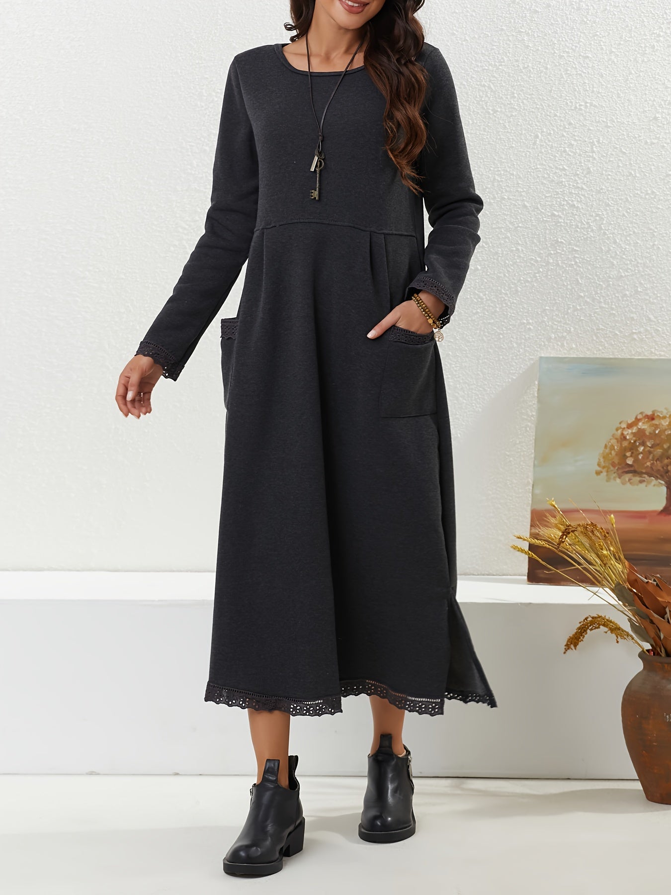  Lace Sleeve Maxi Dress with Pockets