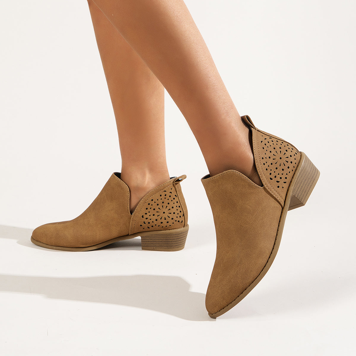 Hollow Out Slip On Chunky Heel Short Boots Women's Shoe