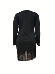  Solid Long Sleeve Fringe Trim Casual Dress