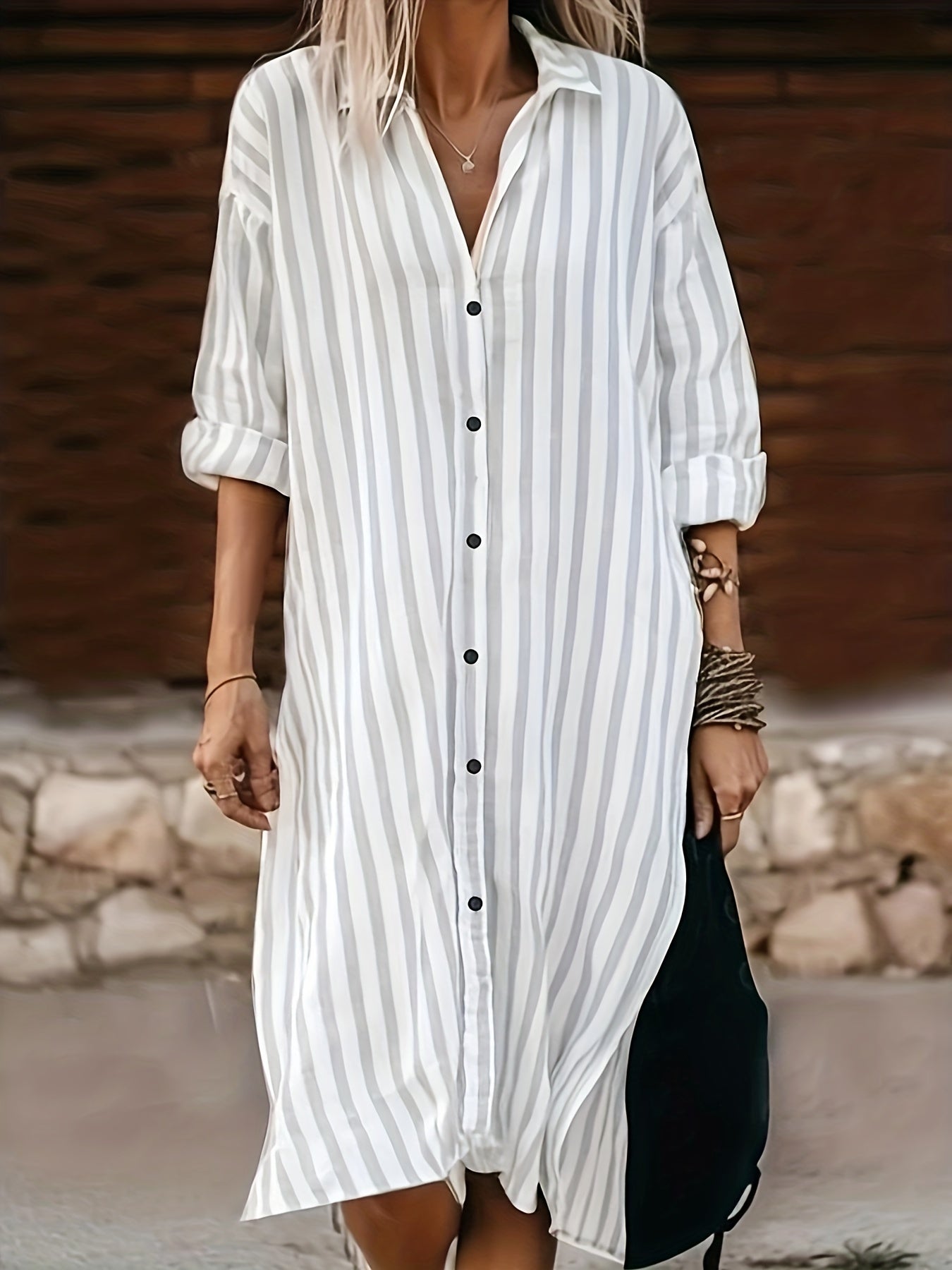 Plus Size Stripe Print Long Sleeve Shirt Dress