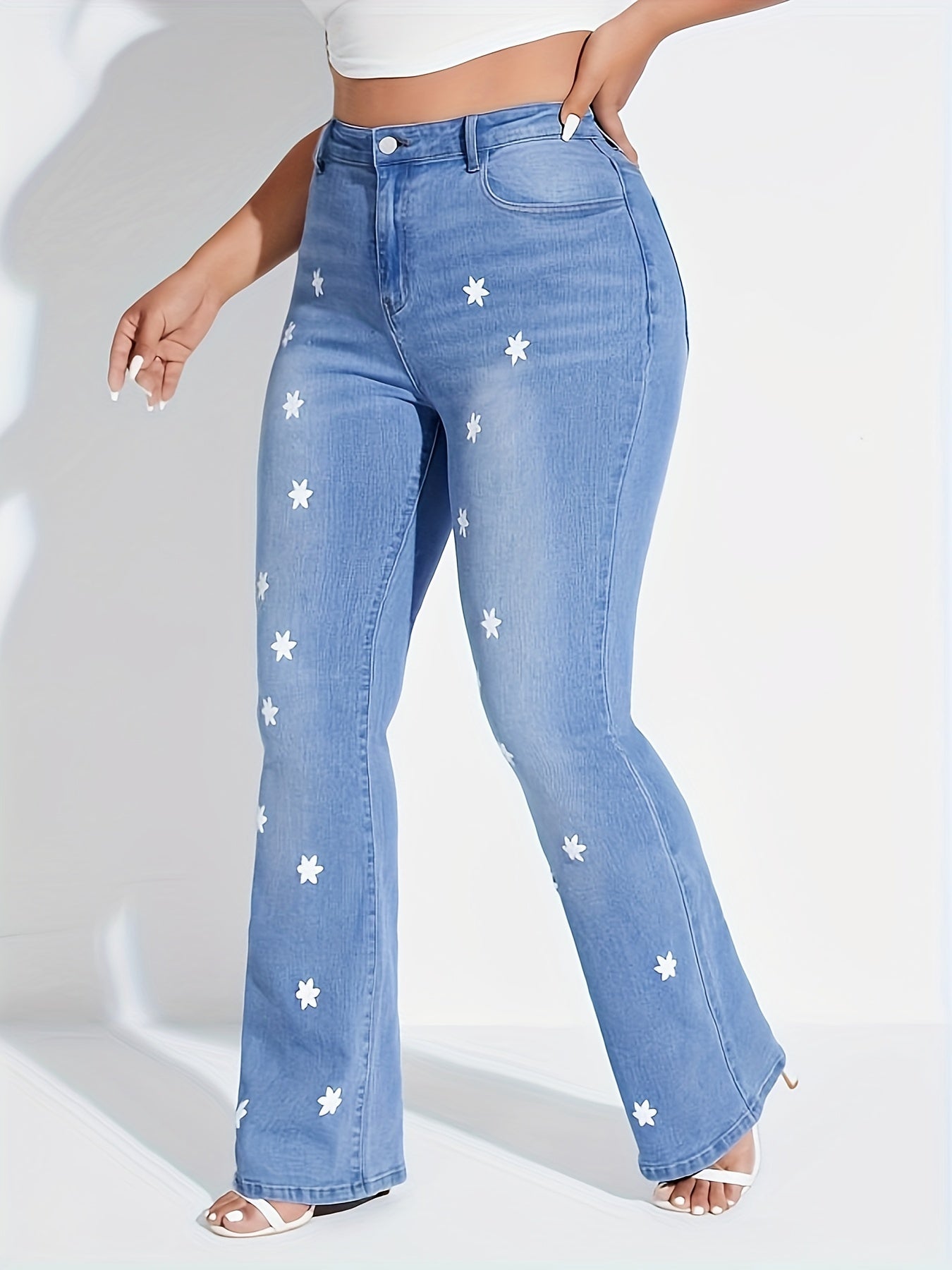  Star Print Button Fly High Rise Skinny Flared Jeans