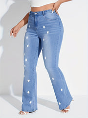  Star Print Button Fly High Rise Skinny Flared Jeans