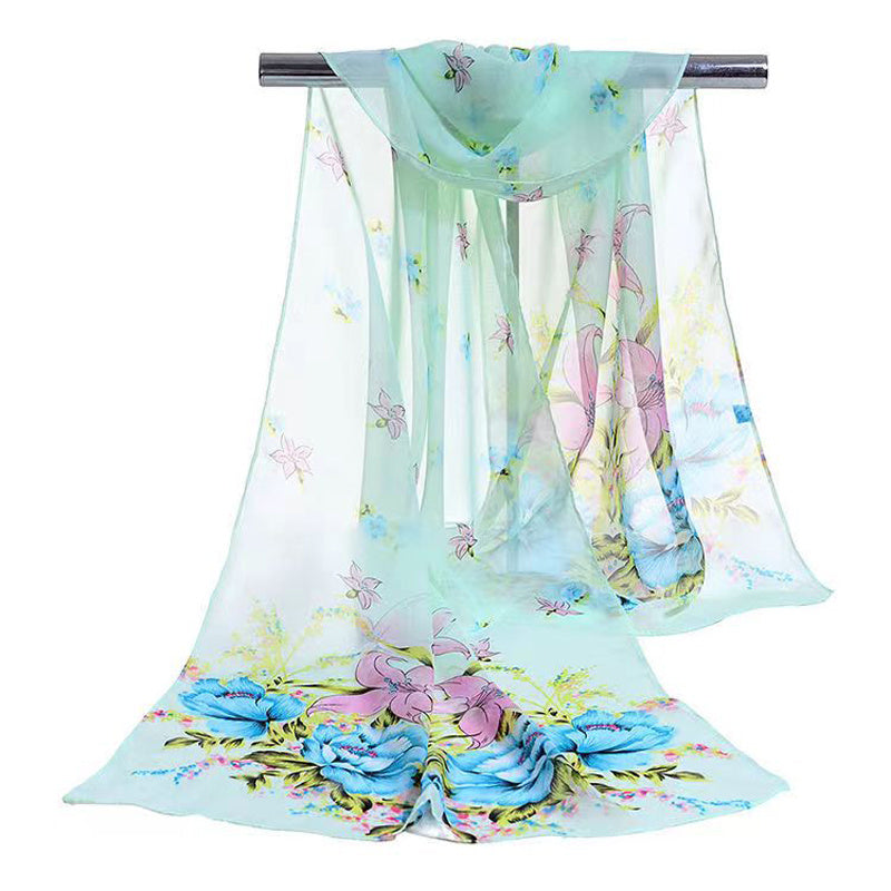 Flower Print Silk Scarf Beach Sunscreen Chiffon Wrap Women Hair Accessory