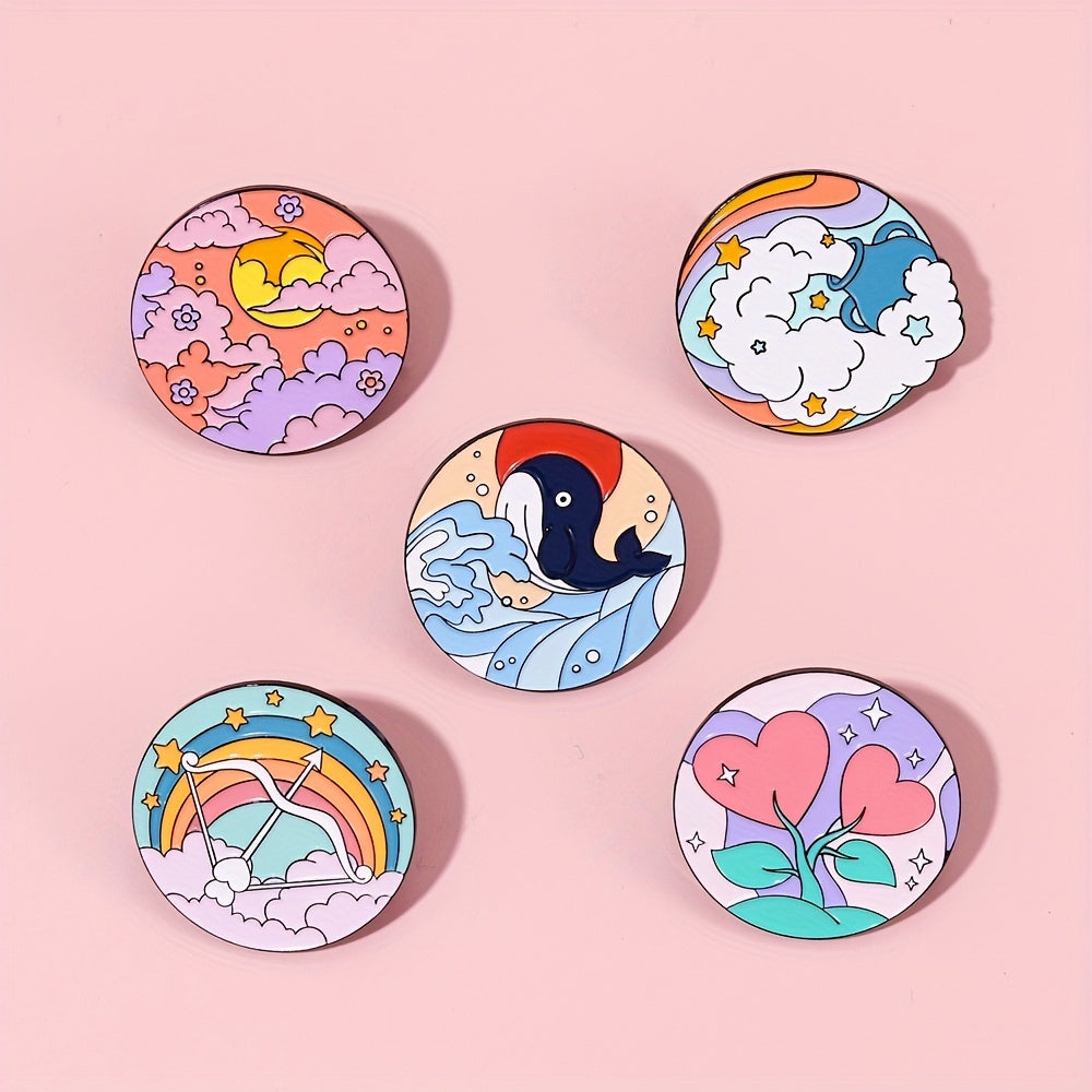 Round Geometric Dolphin Enamel Brooch Rainbow Beach Wave Pin