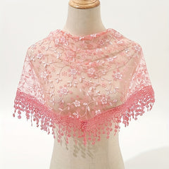 Floral Embroidery Triangle Scarf Lace Tassel Head Wrap