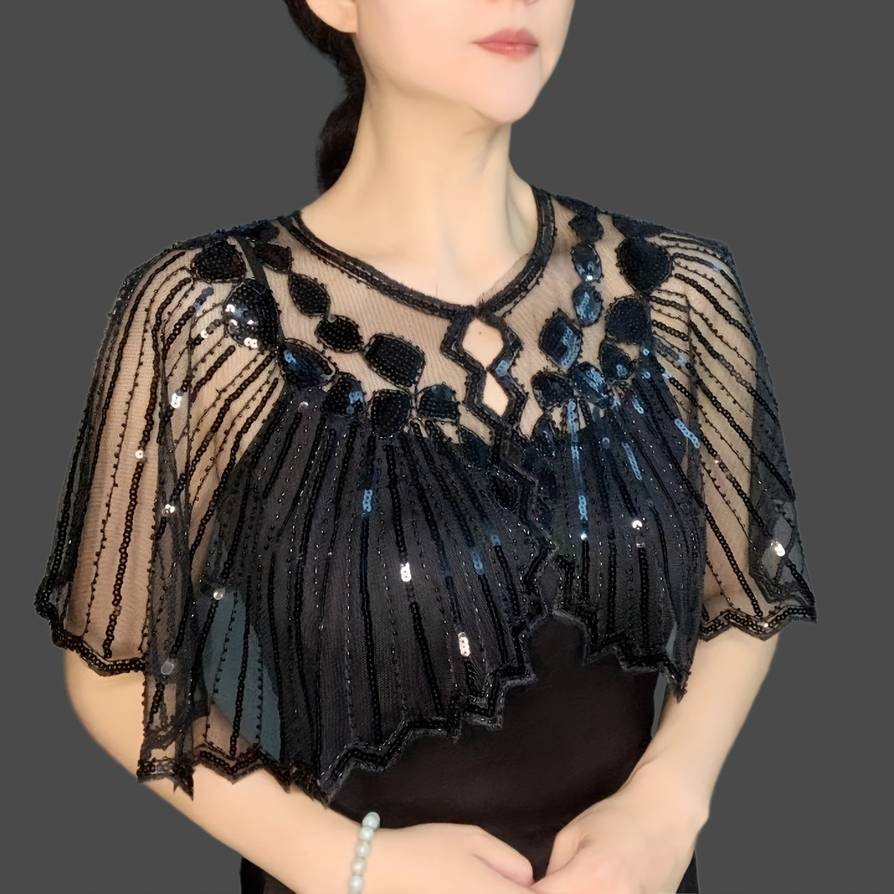 Sequin Beaded Embroidery Shawl Vintage Flapper Cape Mesh Dress Shawl