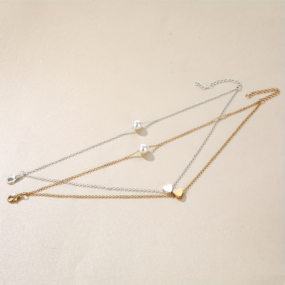 Heart Beads Chain Anklet Double Layered Faux Pearl Ankle Chain