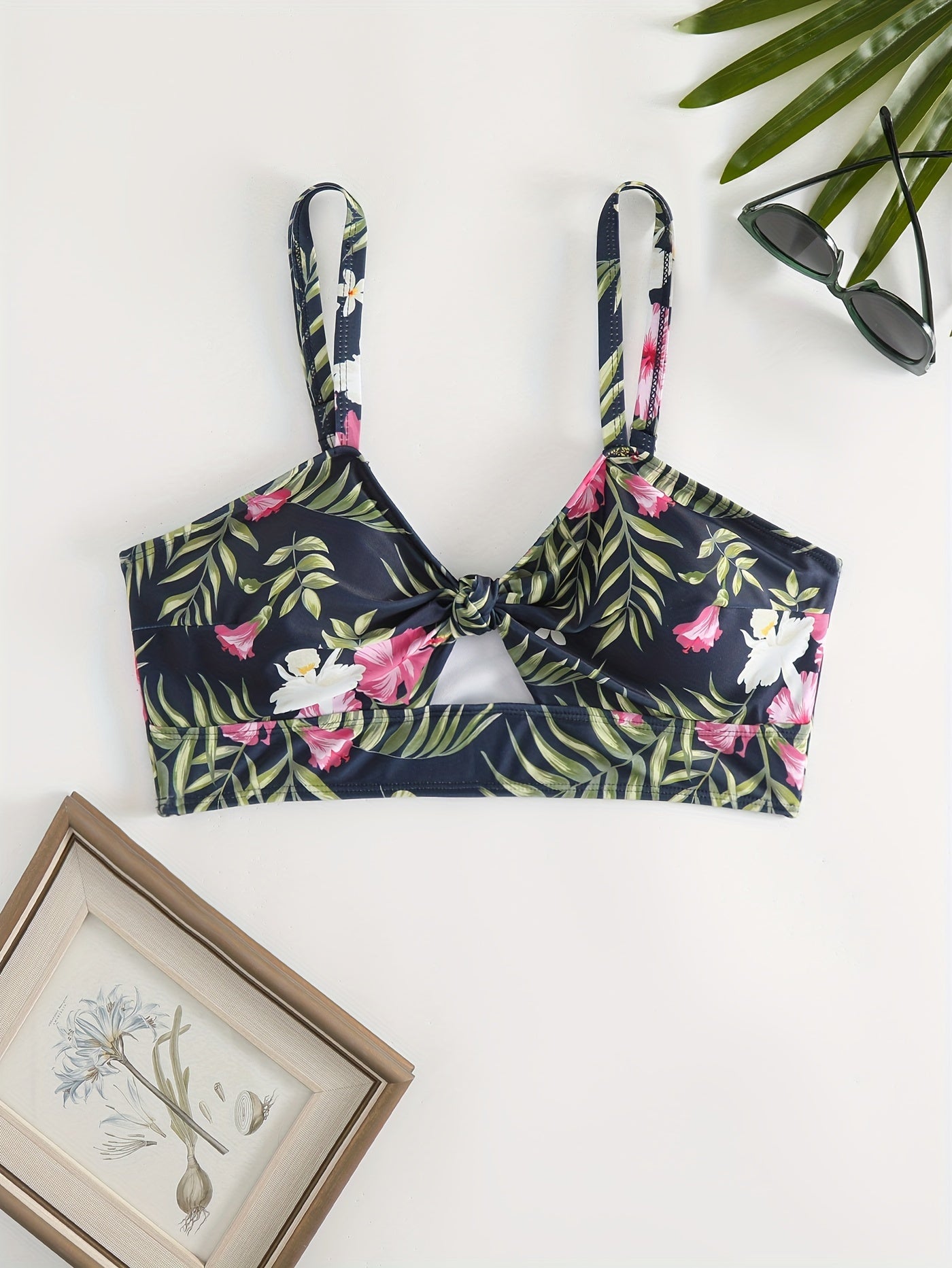  Tropical Print Bow Front V Neck High Stretch Bikini Top