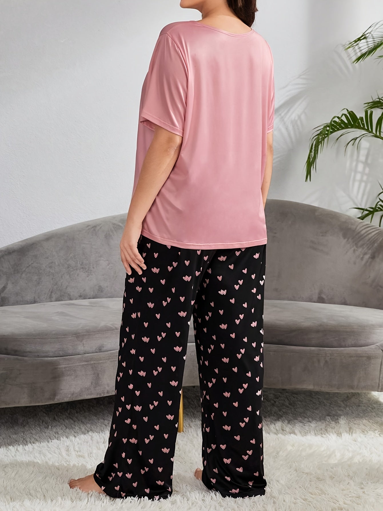  Heart & Letter Print Pajama Set Women's Tee & Pants