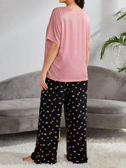  Heart & Letter Print Pajama Set Women's Tee & Pants